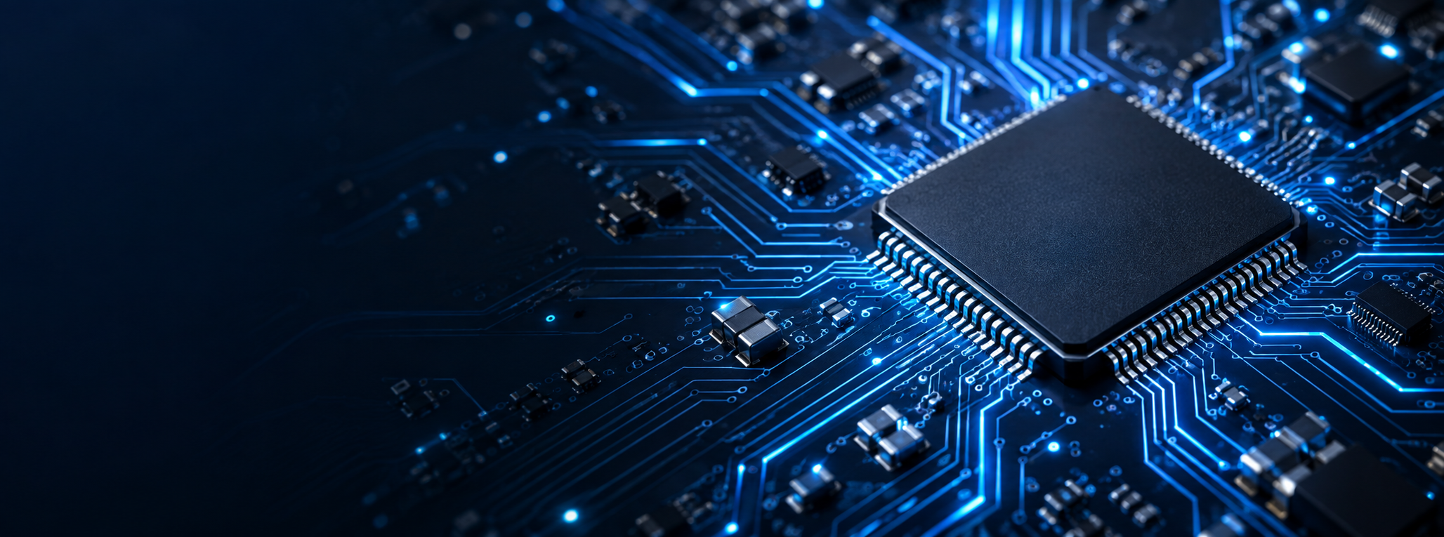 Advanced semiconductor chip on a blue circuit board